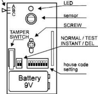 LED sensor SCREW TAMPER SWITCH NORMAL / TEST INSTANT / DEL house code setting Battery 9V