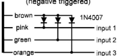 (negative triggered) brown 1N4007 pink input 1 green input 2 orange input 3