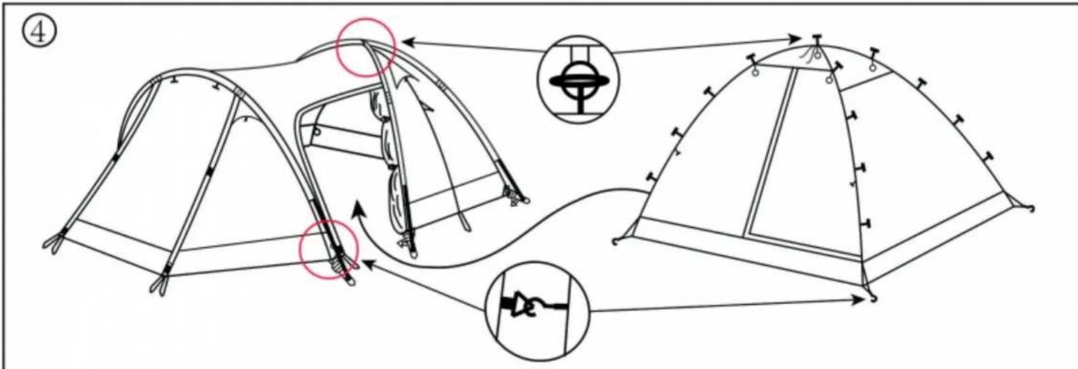 Diagram illustrating a camping setup with labeled components and directional arrows, including a magnified inset showing a satellite icon.