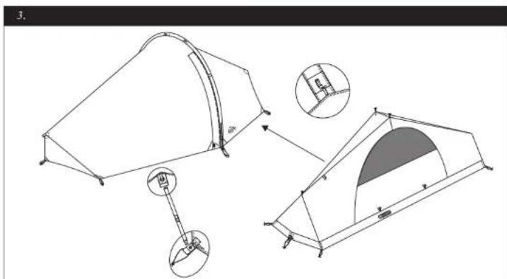Technical diagram showing two camping tents with labeled components and a magnified inset of the interior.
