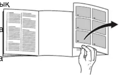 Illustration showing a hand holding an open book with a curved arrow pointing to a grid-like panel, alongside text blocks and symbols.
