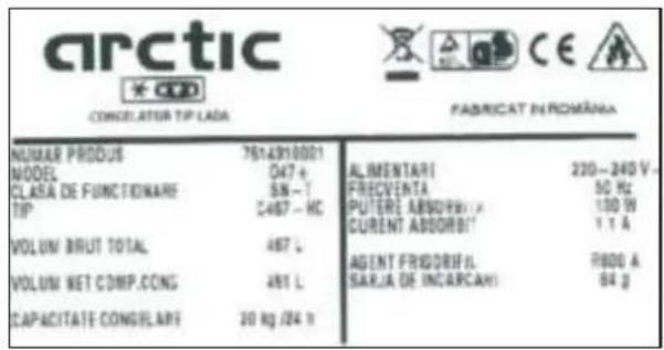 arctic * CDD CONCELATOR TIP LADA FABRICAT IN ROMANA NUMAR PRODUS 76143910001 MODEL D47+ ALIMENTARI 220-240 V. CLASA DE FUNCTIONARE 5N-T FRECENTA 50 Hz TIP C487-H PUTERE ABSORBITA 130 W VOLUM BRUT TOTAL 487 L CURRENT ABSORBIT 1.1 A VOLUM NET COMP.CNG 481 L AGENT FRIOSRITIL R800 A CAPACITATE CONGULARS SARJA DE INCARCAH 84 g 20 kg /24 h