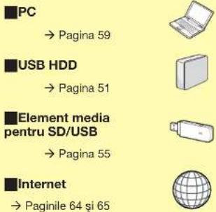 PC → Pagina 59 USB HDD → Pagina 51 Element media pentru SD/USB → Pagina 55 Internet → Paginile 64 și 65