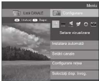 Menu Lista CANALE Configurare Instalare disp. disp. Setare vizualizare Instalare automată Setari canale Configurare rețea Selectați disp. înreg.