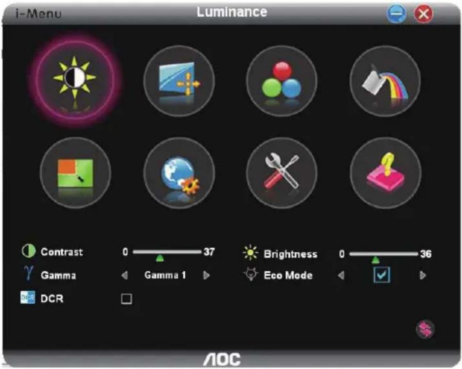 i-Menu Luminance Contrast 0 37 Brightness 0 36 Gamma Gamma 1 Eco Mode DCR