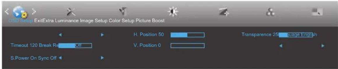 OSD Setup ExitExtra Luminance Image Setup Color Setup Picture Boost Timeout 120 Break Rel Off S.Power On Sync Off H. Position 50 V. Position 0 Transparence 25 Language English