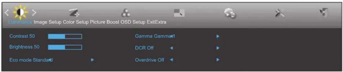 Luminance Image Setup Color Setup Picture Boost OSD Setup ExitExtra Contrast 50 Gamma Gamma Brightness 50 DCR Off Eco mode Standard Overdrive Off