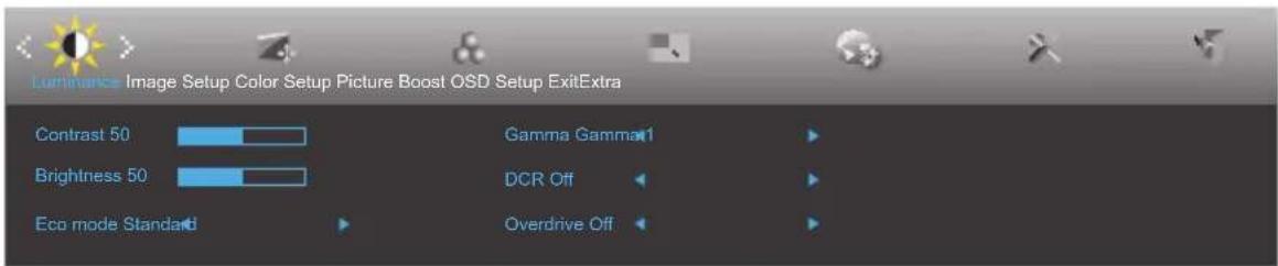 Lumbarics Image Setup Color Setup Picture Boost OSD Setup ExitExtra Contrast 50 Gamma Gamma1 Brightness 50 DCR Off Eco mode Standard Overdrive Off
