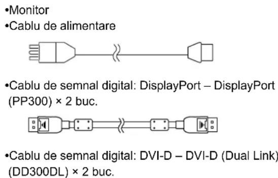 •Monitor •Cablu de alimentare •Cablu de semnal digital: DisplayPort – DisplayPort (PP300) × 2 buc. •Cablu de semnal digital: DVI-D – DVI-D (Dual Link) (DD300DL) × 2 buc.