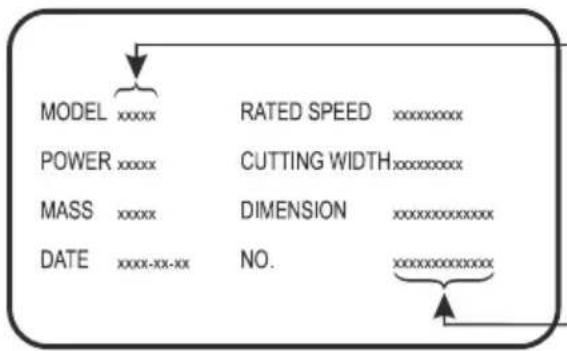 MODEL xxxxx POWER xxxxx MASS xxxxx DATE xxxxx-xx-xx RATED SPEED xxxxxxxxxx CUTTING WIDTH xxxxxxxxxx DIMENSION xxxxxxxxxxxx NO. xxxxxxxxxxxx