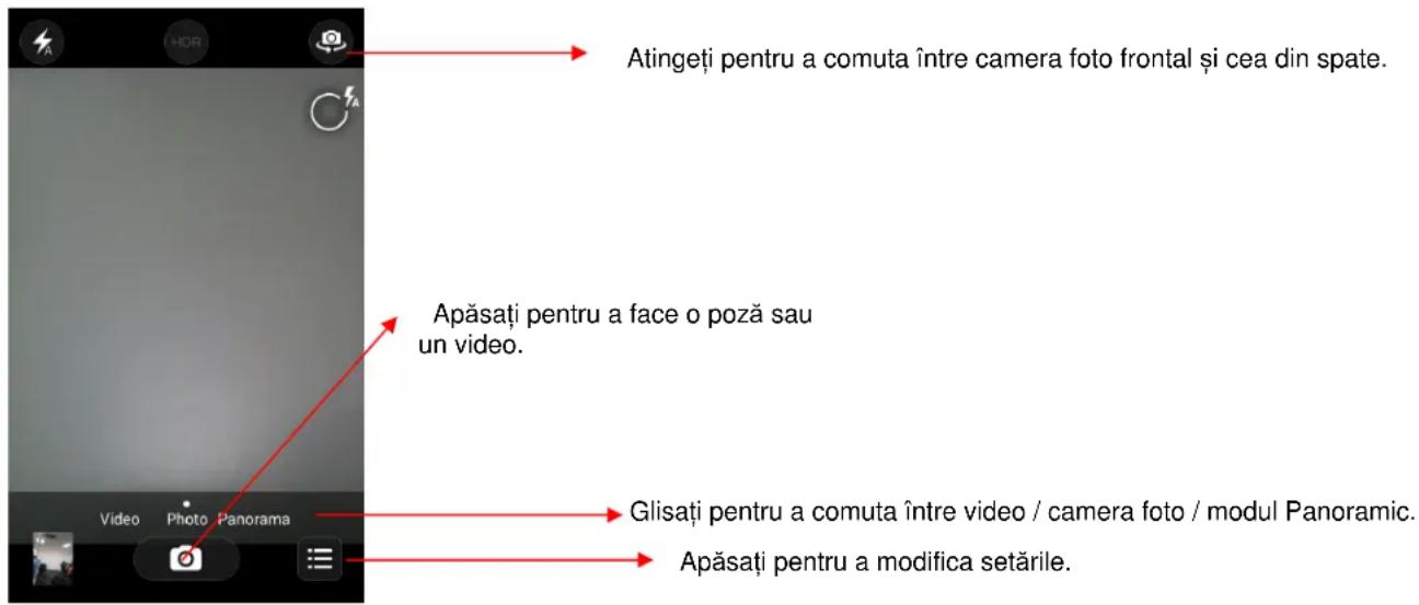 Atingeți pentru a comuta între camera foto frontal și cea din spate. Apăsați pentru a face o poză sau un video. Glisați pentru a comuta între video / camera foto / modul Panoramic. Apăsați pentru a modifica setările.