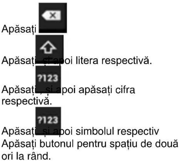 Apăsați Apăsați și apoi litera respectivă. ?123 Apăsați și apoi apăsați cifra respectivă. ?123 Apăsați și apoi simbolul respectiv Apăsați butonul pentru spațiu de două ori la rând.