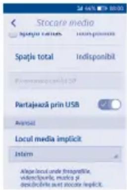 Stocare media Spație total Indisponibil Partajacă prin USB Locul media implicit Istem Algar local unde fotografile, videjopunile, melco și desidrolite sunt stocare implicit.