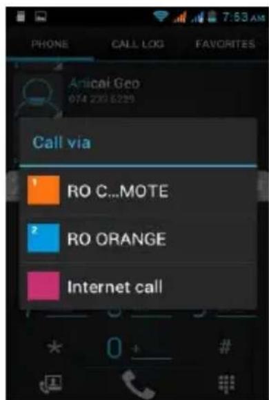 PHONE CALL LOG FAVORITES Anical Geo 074 232 6229 Call via 1 RO C...MOTE 2 RO ORANGE Internet call