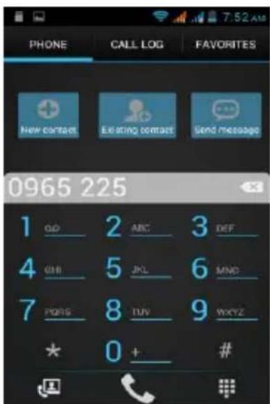 PHONE CALL LOG FAVORITES New contact Existing contact Send message 0965 225 1 GO 2 ABC 3 DEF 4 GHI 5 JGL 6 MND 7 PONS 8 TUV 9 WXYZ * 0 + # #