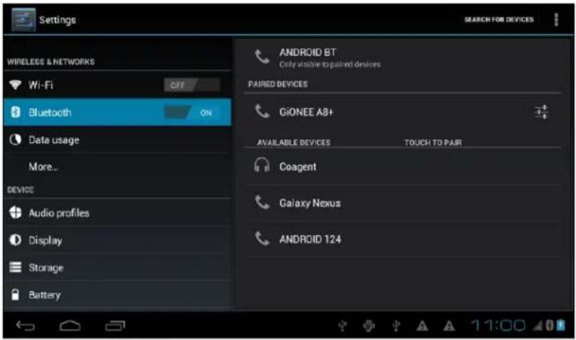 Settings WIRELESS & NETWORKS Wi-Fi OFF Bluetooth ON Data usage More... DEVICE Audio profiles Display Storage Battery ANDROID BT Only visible to paired devices PAIRED DEVICES GiONEE AB+ AVAILABLE DEVICES TOUCH TO PAIR Coagent Galaxy Nexus ANDROID 124 11:00