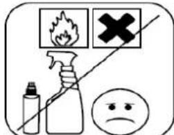 Safety warning sign with fire, explosion, spray bottle, and sad face symbol