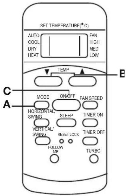 SET TEMPERATURE(°C) AUTO COOL DRY HEAT FAN HIGH MED LOW TEMP A MODE ON/OFF FAN SPEED HORIZONTAL SWING SLEEP TIMER ON VERTICAL/ SWING RESET LOCK TIMER OFF FOLLOW ME TURBO B C A