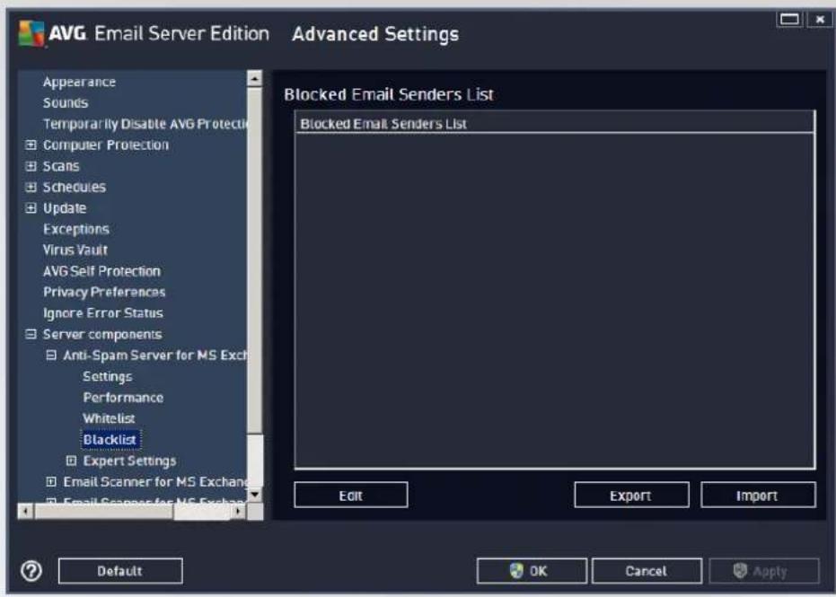AVG Email Server Edition Advanced Settings Appearance Sounds Temporarily Disable AVG Protection Computer Protection Scans Schedules Update Exceptions Virus Vault AVG Self Protection Privacy Preferences Ignore Error Status Server components Anti-Spam Server for MS Exch Settings Performance Whitelist Blacklist Expert Settings Email Scanner for MS Exchange Email Scanner for MS Exchange Blocked Email Senders List Blocked Email Senders List Edit Export Import Default OK Cancel Apply