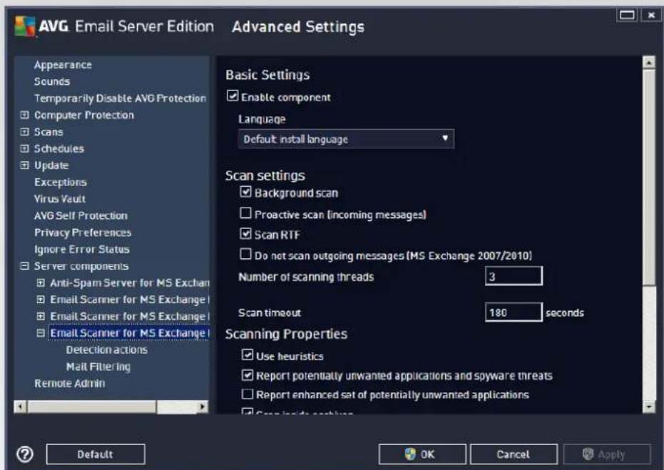 AVG Email Server Edition Advanced Settings Appearance Sounds Temporarily Disable AVG Protection Computer Protection Scans Schedules Update Exceptions Virus Vault AVG Self Protection Privacy Preferences Ignore Error Status Server components Anti-Spam Server for MS Exchange Email Scanner for MS Exchange Email Scanner for MS Exchange Email Scanner for MS Exchange Detection actions Mail Filtering Remote Admin Basic Settings Enable component Language Default install language Scan settings Background scan Proactive scan (incoming messages) Scan RTF Do not scan outgoing messages (MS Exchange 2007/2010) Number of scanning threads 3 Scan timeout 180 seconds Scanning Properties Use heuristics Report potentially unwanted applications and spyware threats Report enhanced set of potentially unwanted applications Scan inside settings Default OK Cancel Apply