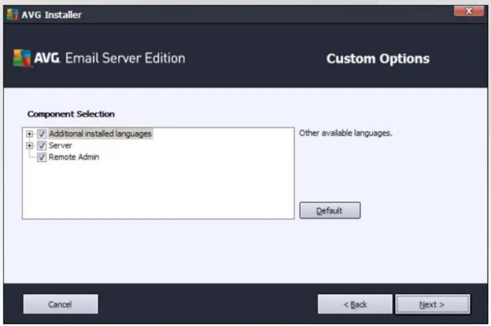 AVG Installer AVG Email Server Edition Custom Options Component Selection + Additional installed languages + Server - Remote Admin Other available languages. Default Cancel < Back Next >