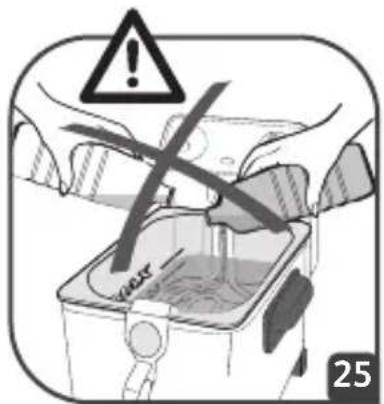 Safety warning illustration showing a device with warning symbol and safety labels, marked as 25