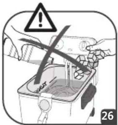 Warning symbol and safety instruction illustration showing a hand using a tool to clean water from a container, with number 26 visible.