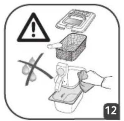 Warning symbol and safety icons including a warning triangle, food containers, and hand holding a container with a tool
