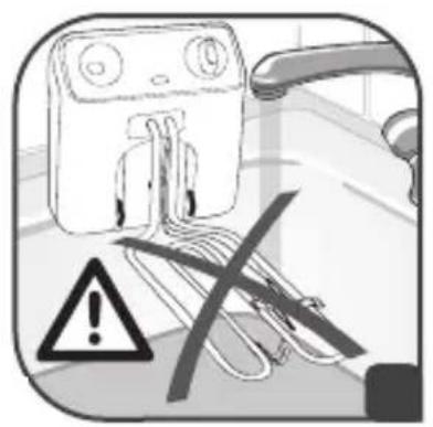 Warning symbol with warning sign, magnifying glass, and paperclip on a surface