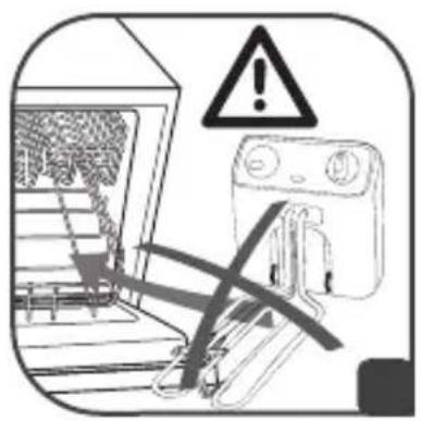 Safety warning illustration showing a train with warning symbol and safety symbols including a warning triangle and a washing machine.