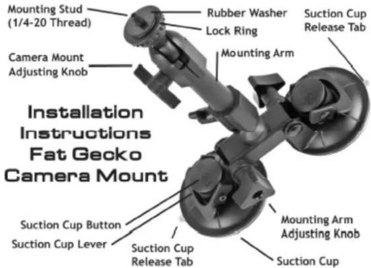 Mounting Stud (1/4-20 Thread) Camera Mount Adjusting Knob Rubber Washer Lock Ring Mounting Arm Suction Cup Release Tab Installation Instructions Fat Gecko Camera Mount Suction Cup Button Suction Cup Lever Suction Cup Release Tab Mounting Arm Adjusting Knob Suction Cup