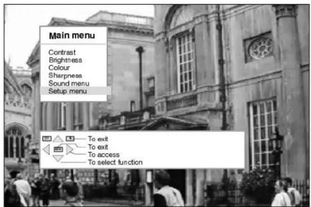 Main menu Contrast Brightness Colour Sharpness Sound menu Setup menu To exit To exit To access To select function