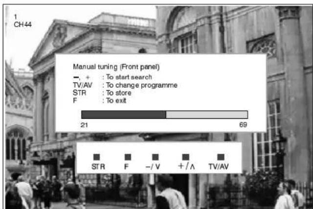 1 CH44 Manual tuning (Front panel) - , + : To start search TV/AV : To change programme STR : To store F : To exit 21 69 ■ STR F - / V + / ∧ TV/AV