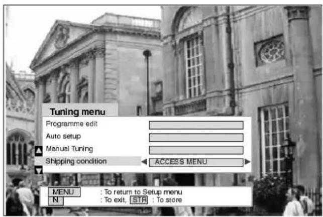 Tuning menu Programme edit Auto setup Manual Tuning Shipping condition ACCESS MENU MENU : To return to Setup menu N : To exit, STR : To store