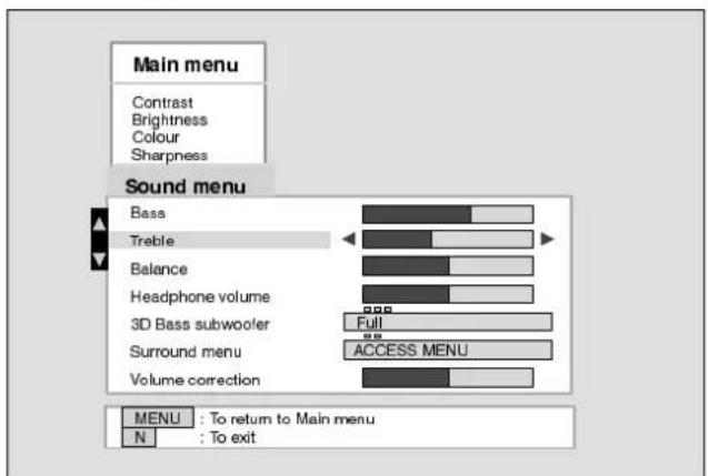 Main menu Contrast Brightness Colour Sharpness Sound menu Bass Treble Balance Headphone volume 3D Bass subwoofer Full Surround menu ACCESS MENU Volume correction MENU : To return to Main menu N : To exit
