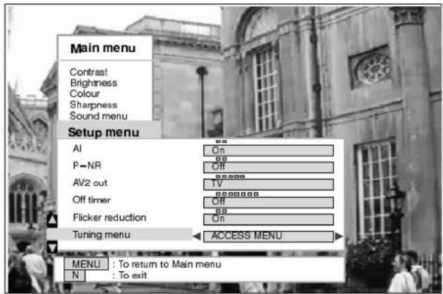 Main menu Contrast Brightness Colour Sharpness Sound menu Setup menu AI On P-NR Off AV2 out 1V Off timer Off Flicker reduction On Tuning menu ACCESS MENU MENU : To return to Main menu N : To exit