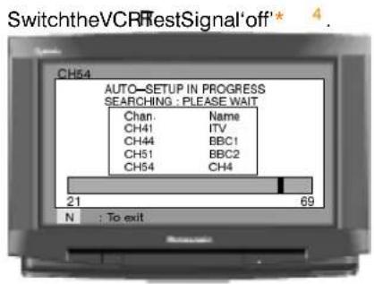 SwitchtheVCPRestSignal'off* CH54 AUTO-SETUP IN PROGRESS SEARCHING : PLEASE WAIT Chan: Name CH41 ITV CH44 BBC1 CH51 BBC2 CH54 CH4 21 69 N : To exit