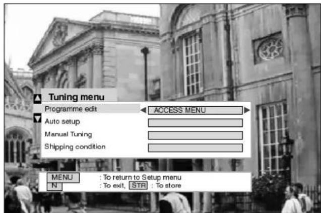 Tuning menu Programme edit ACCESS MENU Auto setup Manual Tuning Shipping condition MENU : To return to Setup menu N : To exit, STR : To store