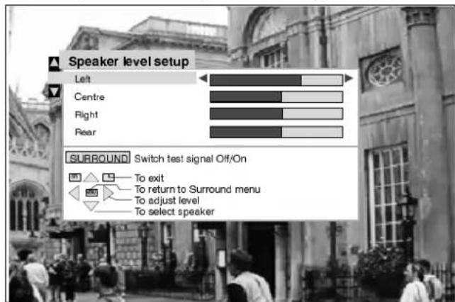 Speaker level setup Left Centre Right Pear SURROUND Switch test signal Off/On To exit To return to Surround menu To adjust level To select speaker
