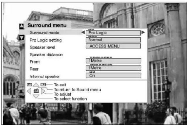 Surround menu Surround mode Pro Logic Pro Logic setting Normal Speaker level ACCESS MENU Speaker distance Front 1Metre Rear 1Metre Internal speaker On To exit To return to Sound menu To adjust To select function