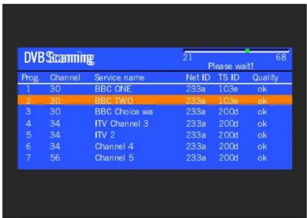 DVB Scanning 21 Please wait! 68 Prog Channel Service name Net ID TS ID Quality 1 30 BBC ONE 233a 103e ok 2 30 BBC TWO 233a 103e ok 3 30 BBC Choice wa 233a 200d ok 4 34 ITV Channel 3 233a 200d ok 5 34 ITV 2 233a 200d ok 6 34 Channel 4 233a 200d ok 7 56 Channel 5 233a 200d ok