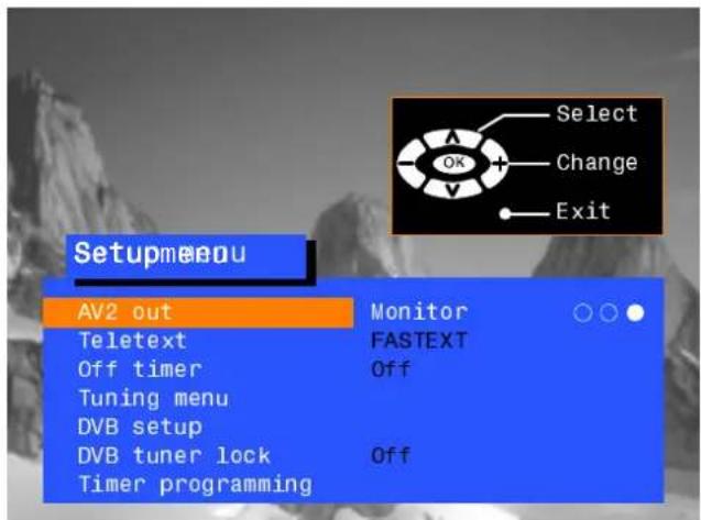 Setupmenu AV2 out Monitor Teletext FASTEXT Off timer Off Tuning menu DVB setup DVB tuner lock Off Timer programming