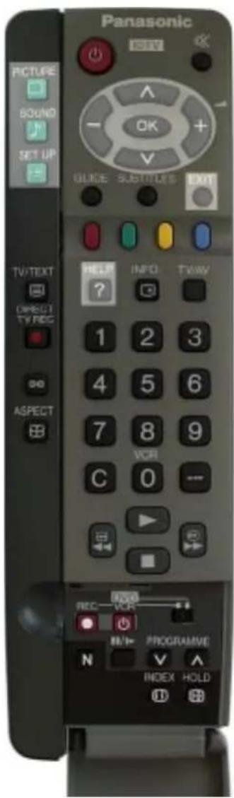 Panasonic ISRV PICTURE SOUND SET UP OK GUIDE SUBTITLES OUT TV/TEXT DIRECT TV REC ASPECT HELP INFO TV/WV 1 2 3 4 5 6 7 8 9 C 0 -- VCR PROGRAMME N V A INDEX HOLD
