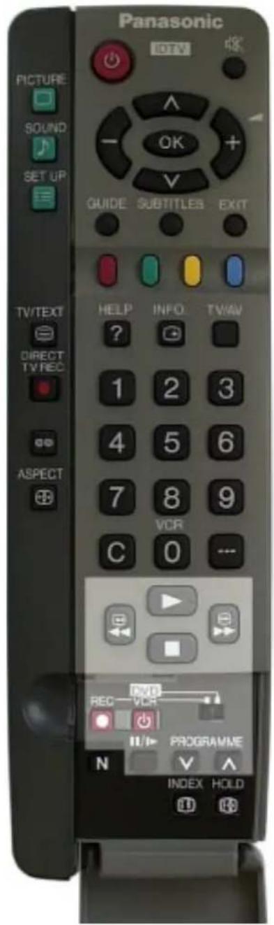 Panasonic OTV OK GUIDE SUBTITLES EXIT PICTURE SOUND SET UP TV/TEXT DIRECT TV REC ASPECT HELP INFO TV/W 1 2 3 4 5 6 7 8 9 VCR C 0 ... REC VCR PROGRAMME N V A INDEX HOLD