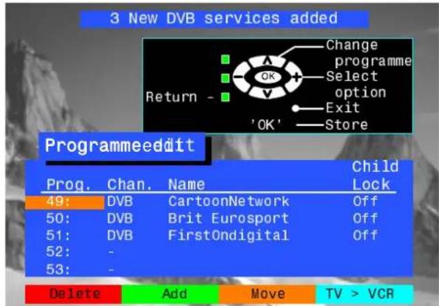 3 New DVB services added Change programme Select option Exit 'OK' Store Programmeeddit Prog. Chan. Name Child Lock 49: DVB CartoonNetwork Off 50: DVB Brit Eurosport Off 51: DVB First0ndigital Off 52: - 53: -