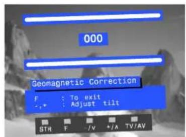 000 Geomagnetic Correction F : To exit - ,+ : Adjust tilt STR F -/V +/- TV/AV