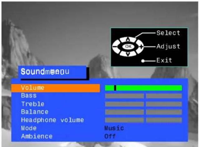 Soundmenu Volume Bass Treble Balance Headphone volume Mode Ambience Music Off Select Adjust Exit