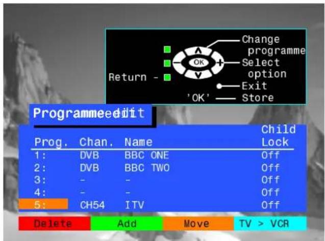 Change programme Select option Exit 'OK' Store Programmeedit Prog. Chan. Name Child Lock 1: DVB BBC ONE Off 2: DVB BBC TWO Off 3: - - Off 4: - - Off 5: CH54 ITV Off Delete Add Move TV > VCR