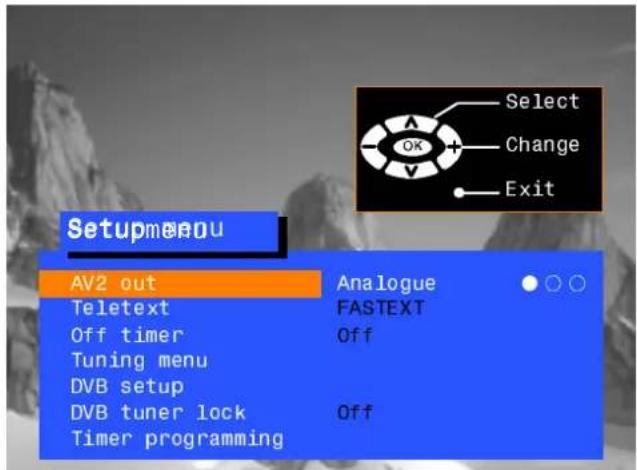 Setupmenu AV2 out Teletext Off timer Tuning menu DVB setup DVB tuner lock Timer programming Analogue FASTEXT Off Exit Select Change Exit