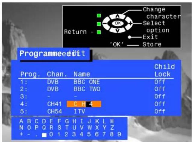 Change character Select option Exit 'OK' Store Programmeedit Prog. Chan. Name Child Lock 1: DVB BBC ONE Off 2: DVB BBC TWO Off 3: - - Off 4: CH41 C H 4 Off 5: CH54 ITV Off A B C D E F G H I J K L M N O P Q R S T U V W X Y Z + - . ■ 0 1 2 3 4 5 6 7 8 9